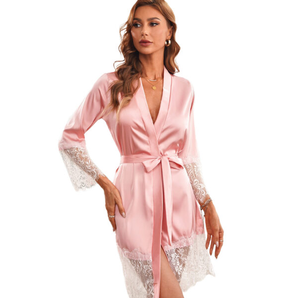 Satin Kimono Robe with Lace Trim